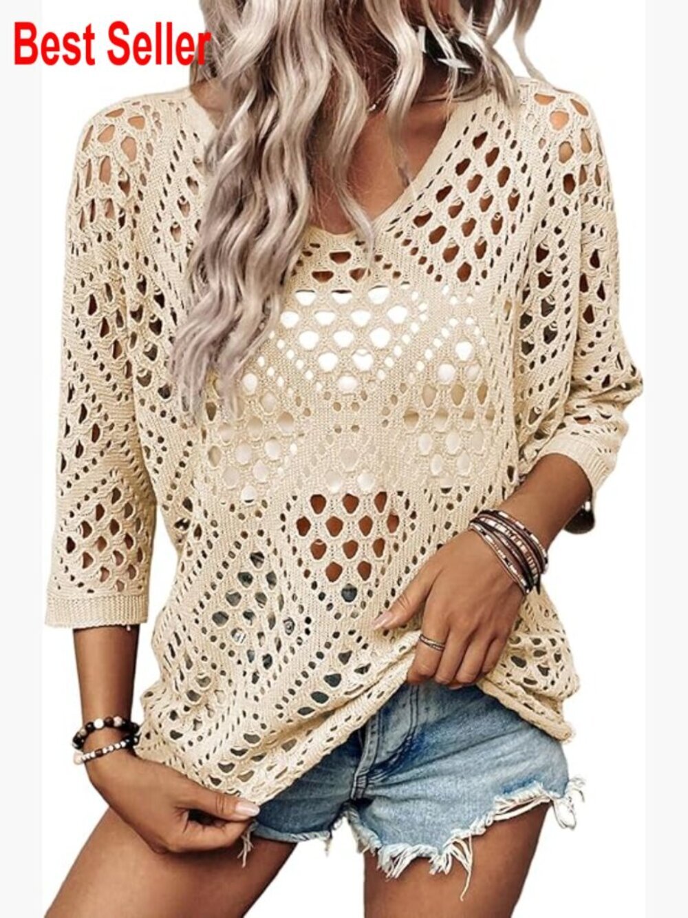 Crochet Hollow Out Beach Cover Up V-Neck Pullover Sweater